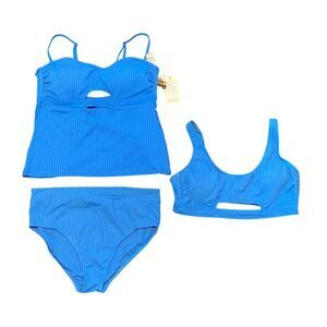 Time & Tru Blue Tankini Set High-Waist Bottoms L 3 pc Swimsuit Beach Lounge Swim